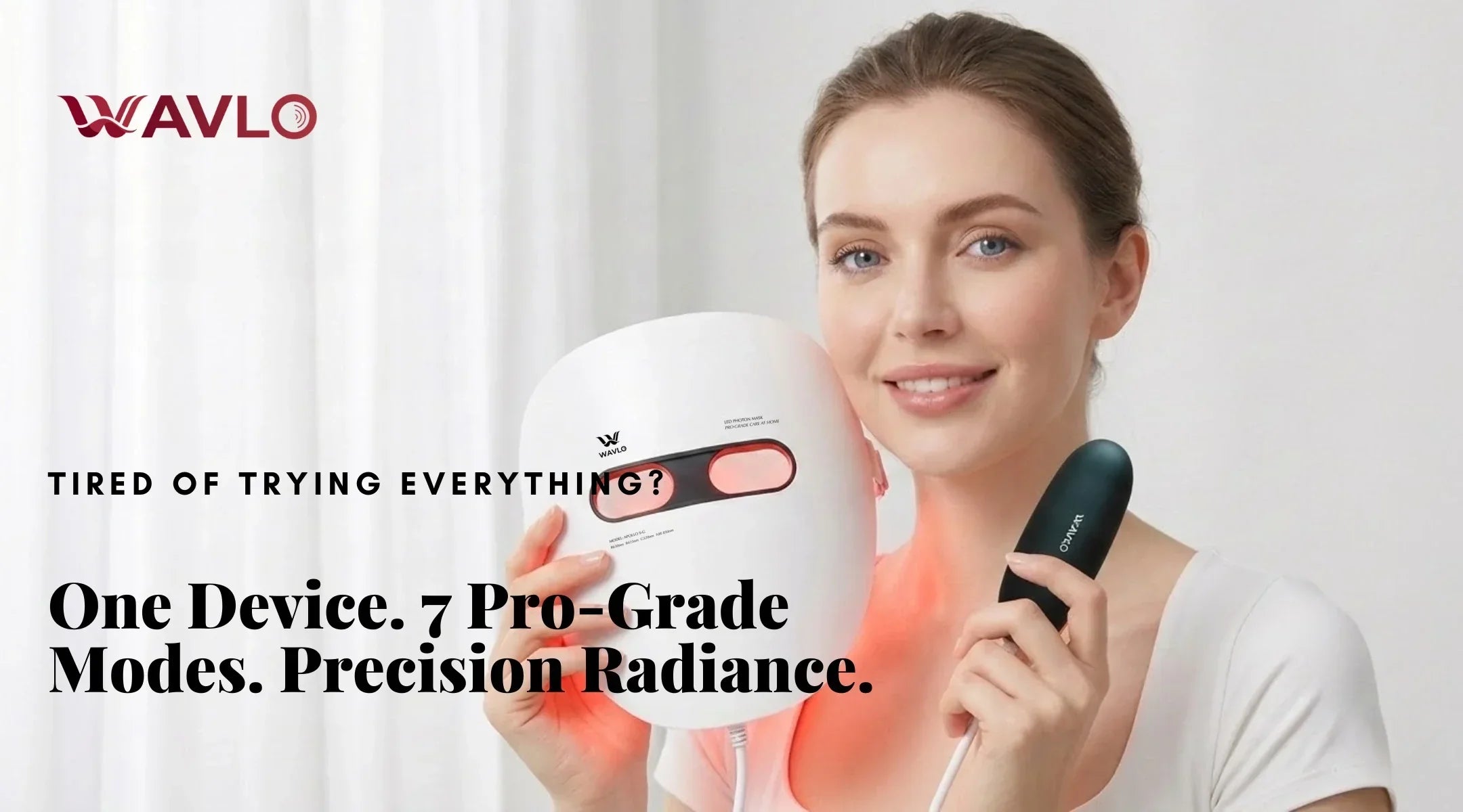 woman holding a white WAVLO Apollo SG LED face mask and a black controller with WAVLO branding logo in a clean background.