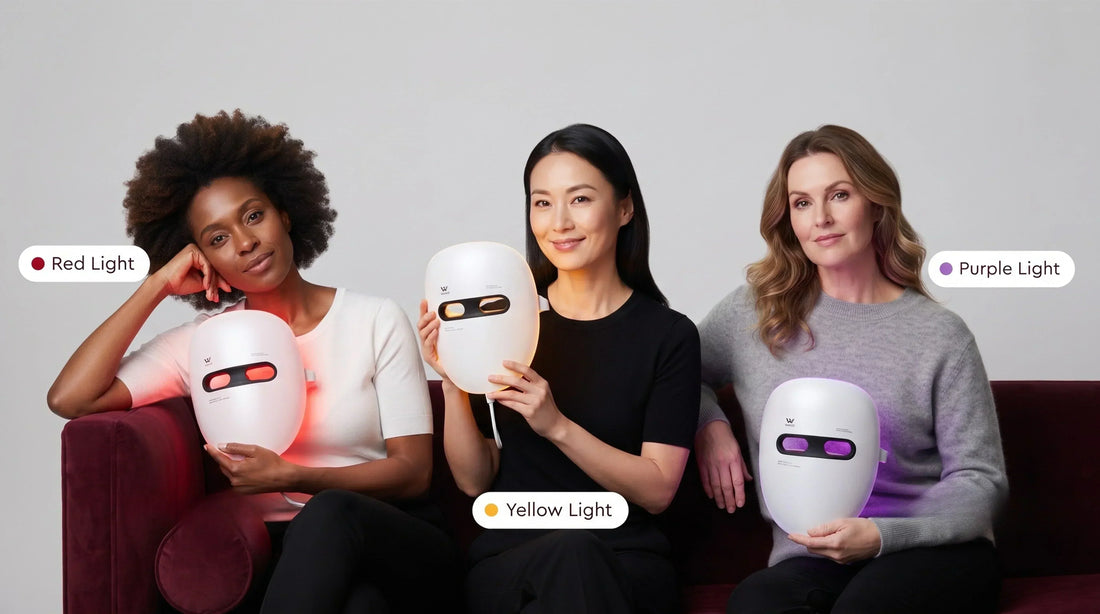 How Does LED Light Therapy Actually Work? Three women holding WAVLO Apollo S-G LED face masks in red, yellow, and purple light modes.
