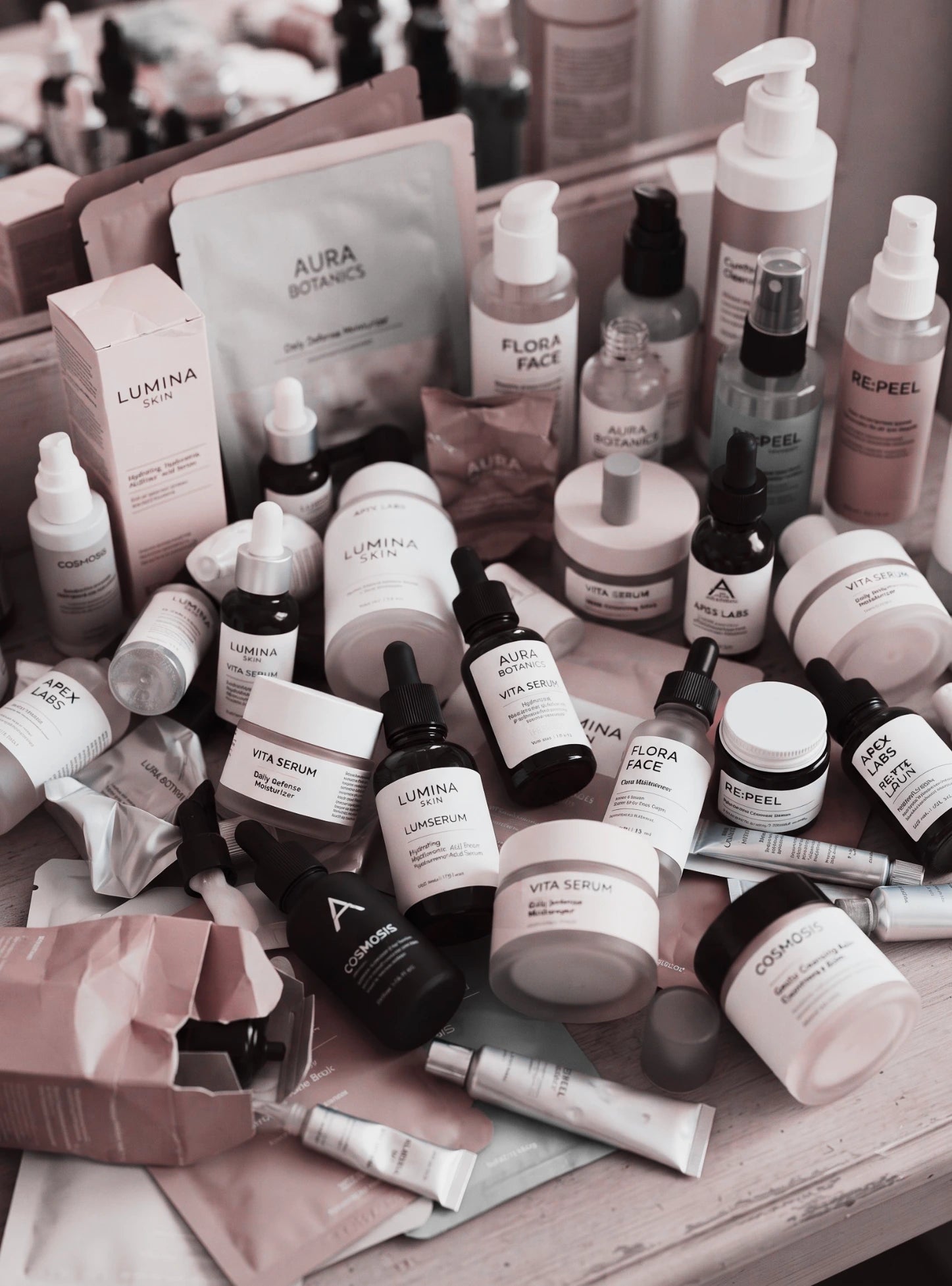 A collection of skincare products from brands like Aura Botanica, Lumina, and Relpes arranged on a rustic wooden table with a mirror in the background. WAVLO Apollo SG