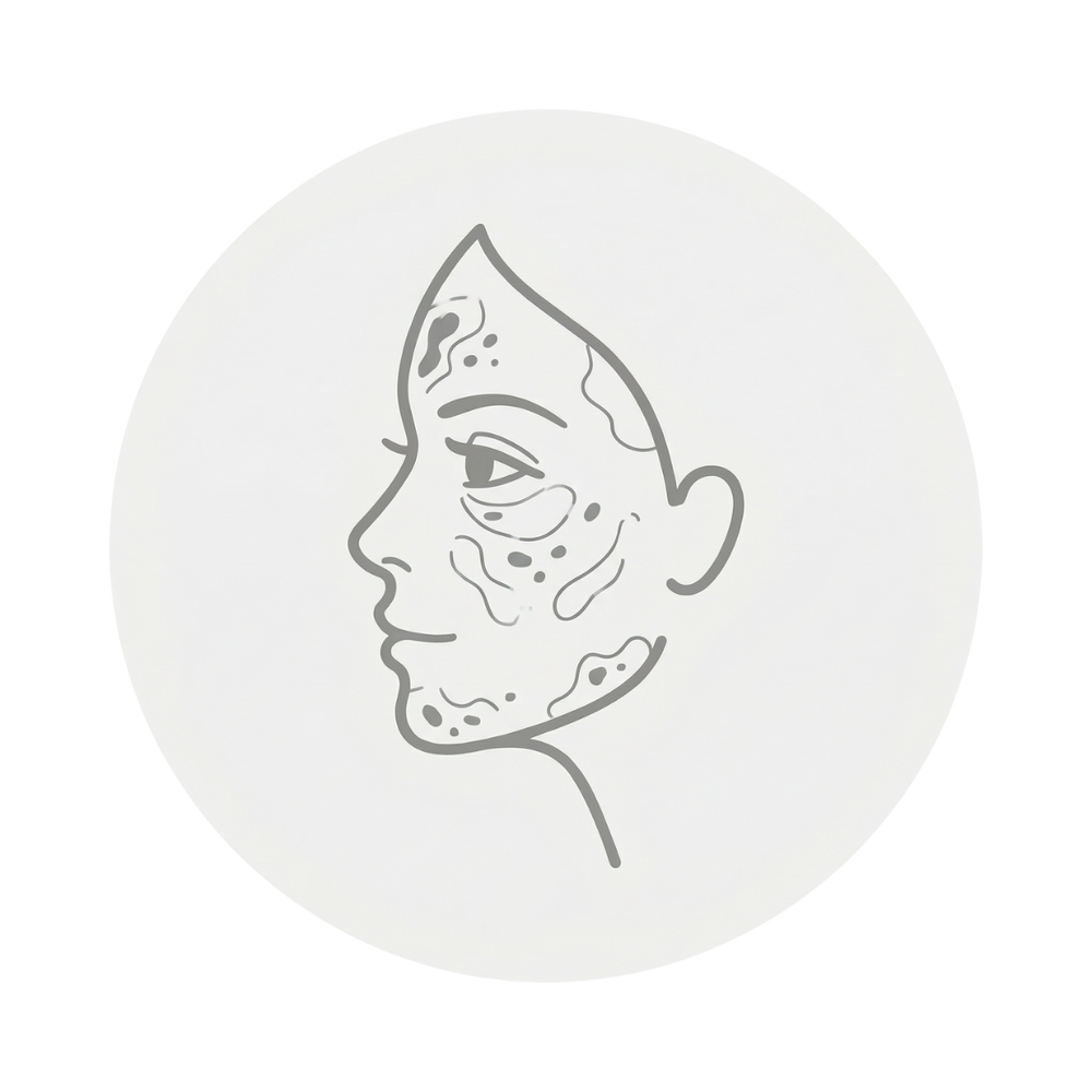 Outline of a stylized face with multi-concerns on a white background