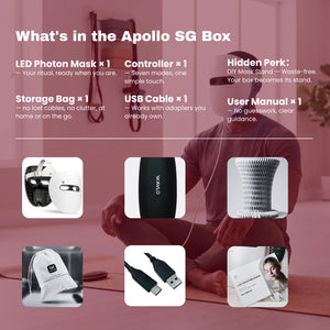 Promotional graphic for the Apollo SG Box showing a person sitting on a floor with a headset and several inset product photos: a white sleep mask, a black-and-white controller, a white stand, a USB cable, a drawstring bag, and a user manual. Text lists included items and features on a pink-tinted background.