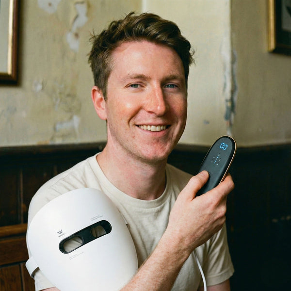 Man holding a white and black electronic device in a room with a textured wall.