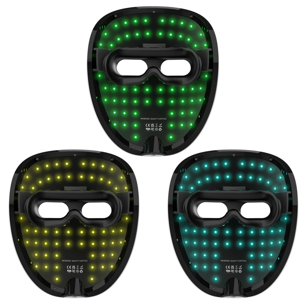 Three WAVLO Apollo SG LED face masks in green, yellow, and cyan on a white background