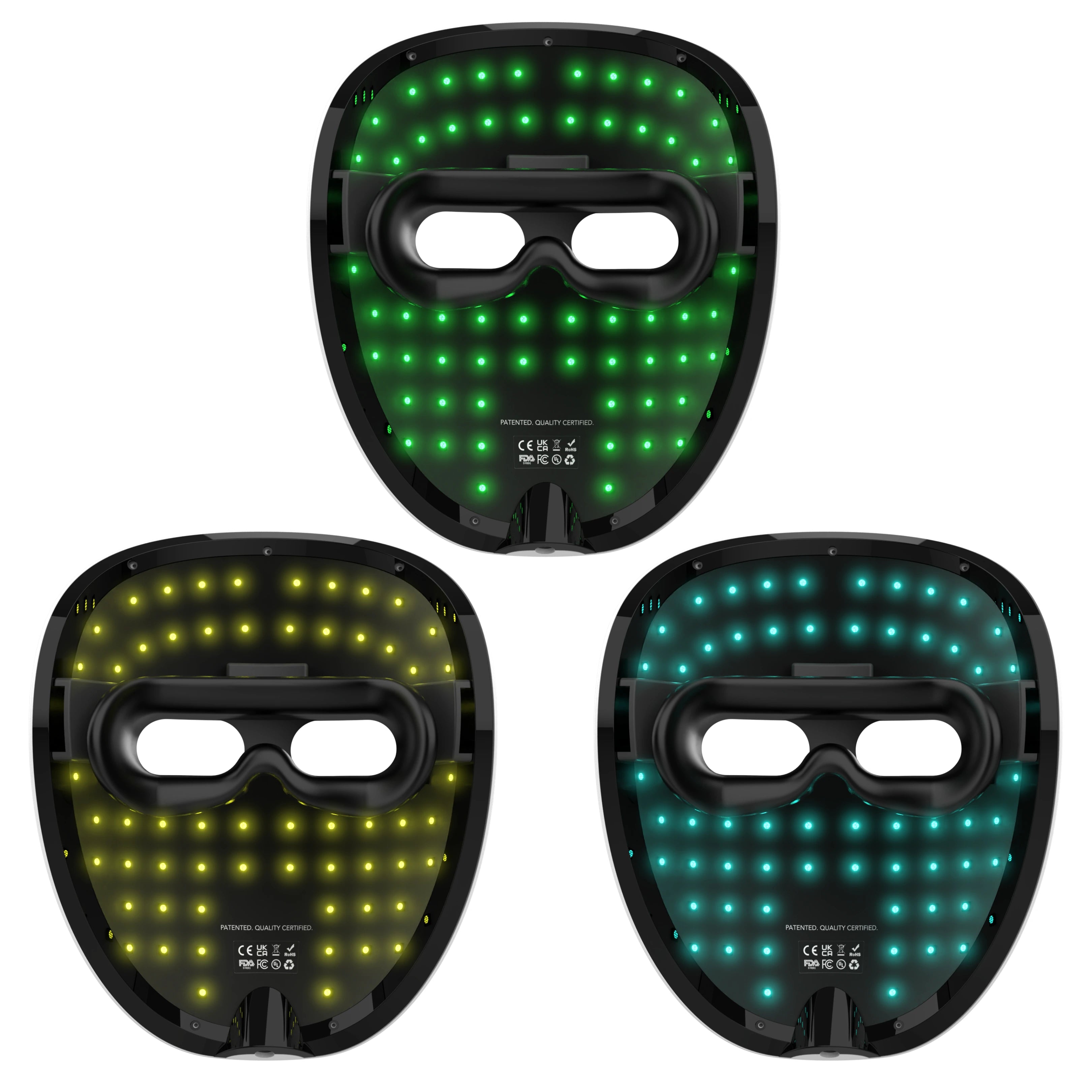 Three WAVLO Apollo SG LED face masks in green, yellow, and cyan on a white background