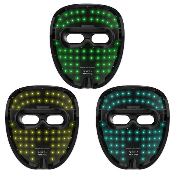Three WAVLO Apollo SG LED face masks in green, yellow, and cyan on a white background