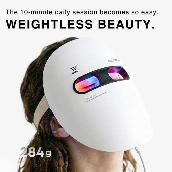 Person wearing a white LED face mask, labeled 'WAVLO Apollo SG', on a white background with text about weightless beauty - 284g.