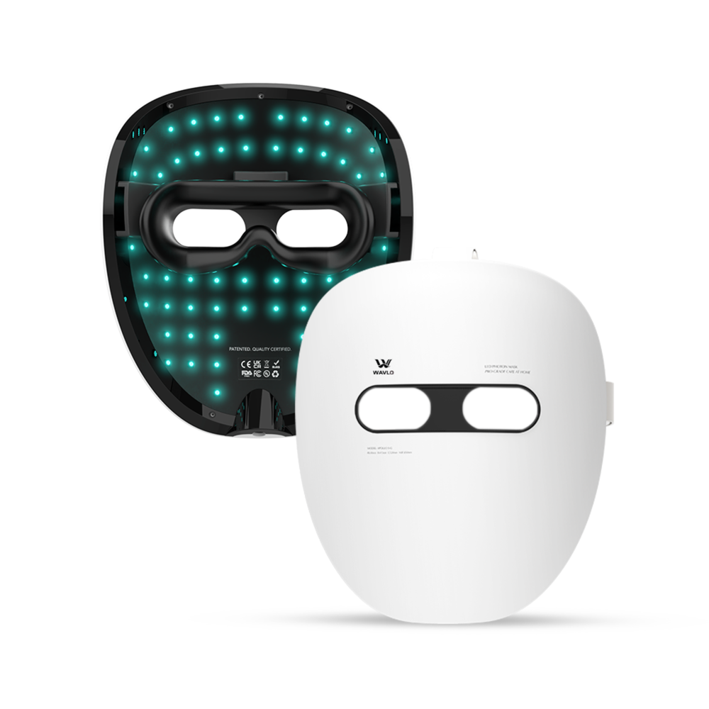 Apollo SG LED mask with cyan lights and a white face shield on a white background