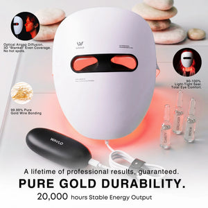 Wavlo Apollo SG Led face mask device with text about pure gold durability and stable energy output on a light background.