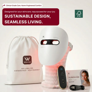 WAVLO_Apollo_SG LED photon mask with carrying bag and accessories on a white background, featuring WAVLO branding.
