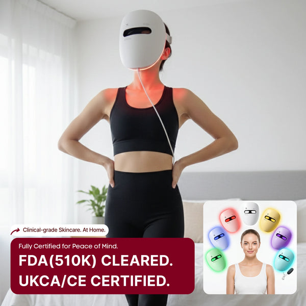 Person wearing a white skincare device - WAVLO_Apollo_SG_LED_face_mask with FDA UKCA/CE certification text on a white background
