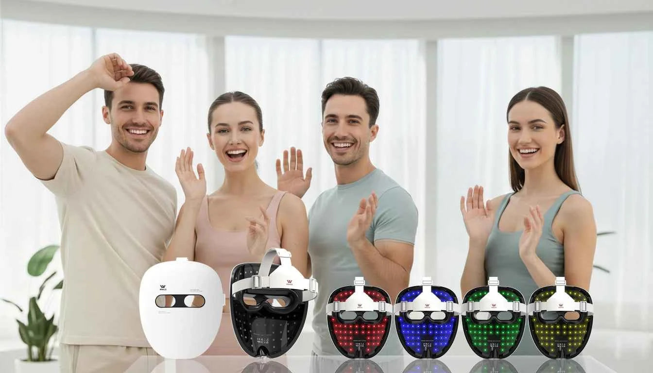 Four people with a row of colorful WAVLO LED face masks on a white background