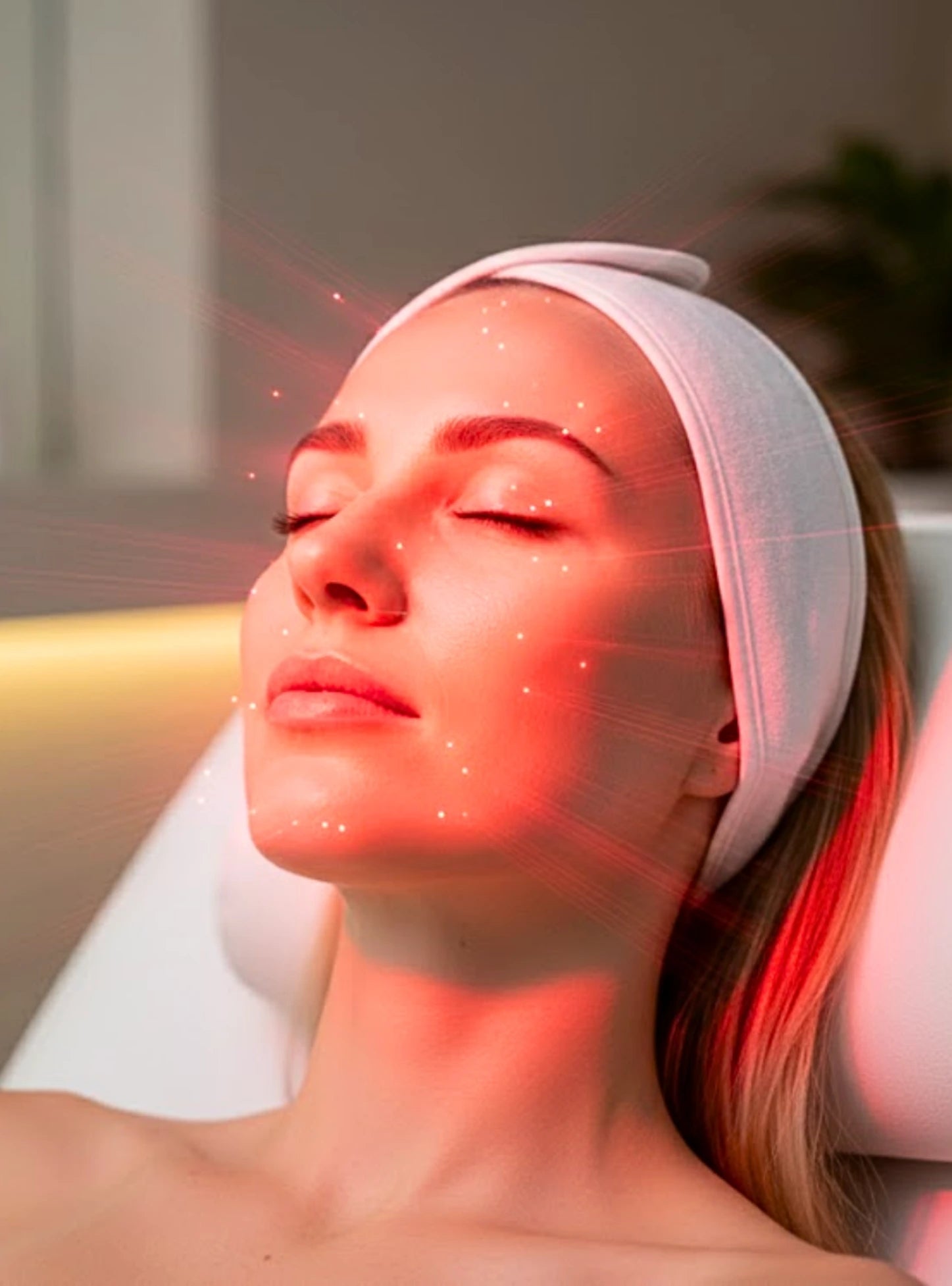 A woman with closed eyes and a white headband receives red light therapy on her face, with glowing red light rays and particles depicted around her face in a spa-like setting. WAVLO Apollo SG