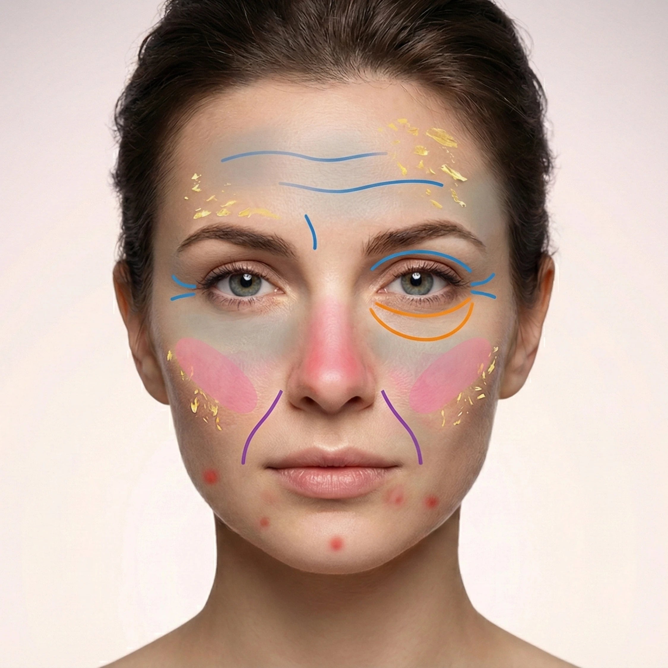 Woman's face with skincare treatment lines and marks on a plain background