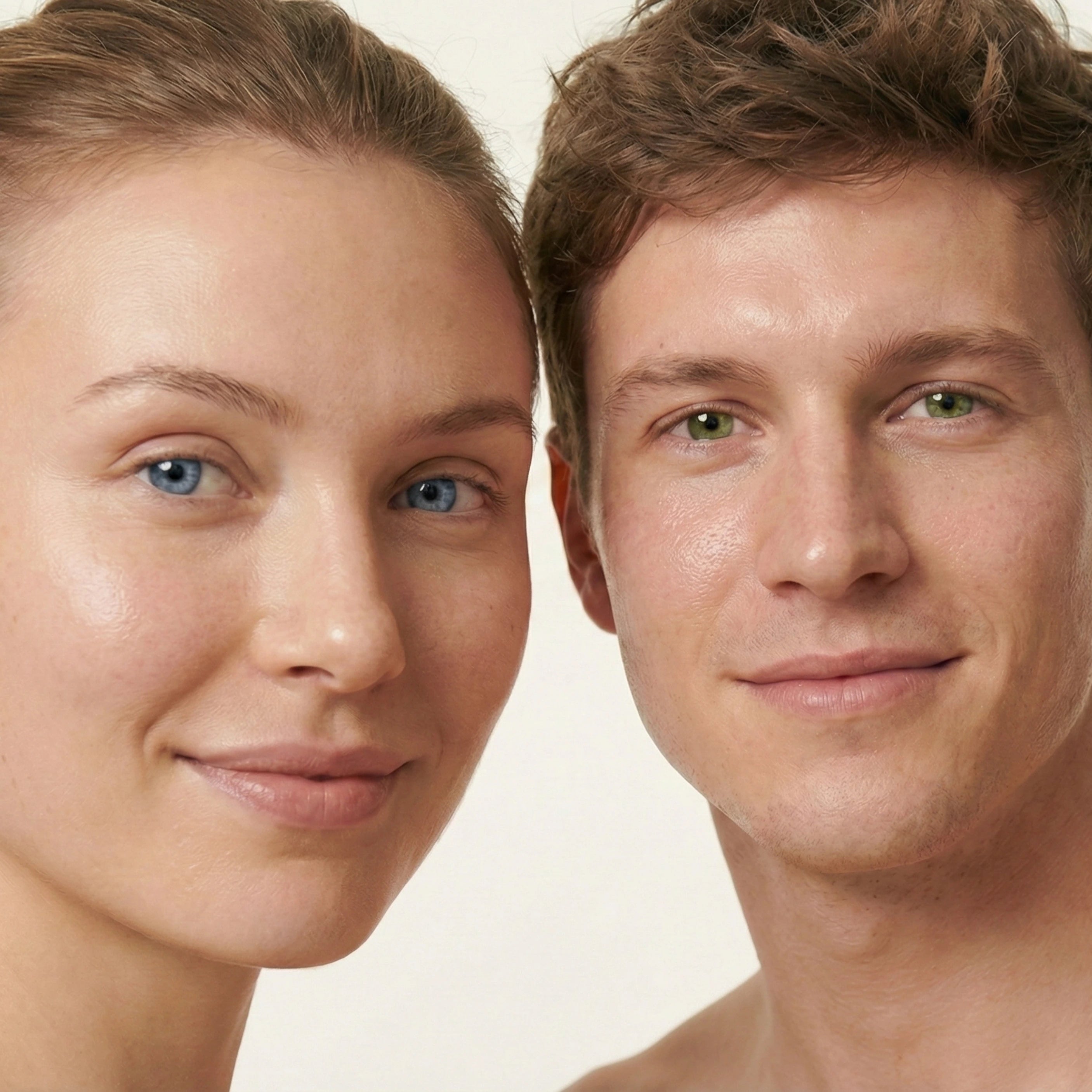 Close-up of a man and a woman with clear skin on a white background