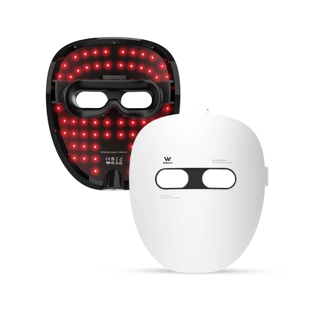 WAVLO Apollo SG LED Face Mask - front and back sides, red light glow on the back panel of the mask