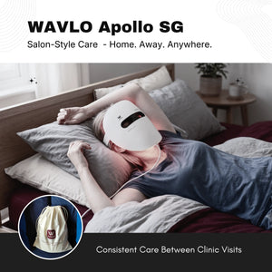 Woman relaxing at home during an evening WAVLO Apollo SG LED light therapy session