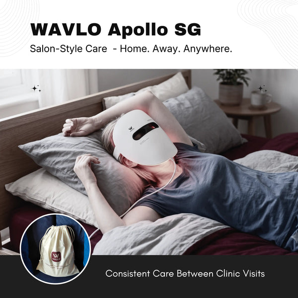 Woman relaxing at home during an evening WAVLO Apollo SG LED light therapy session