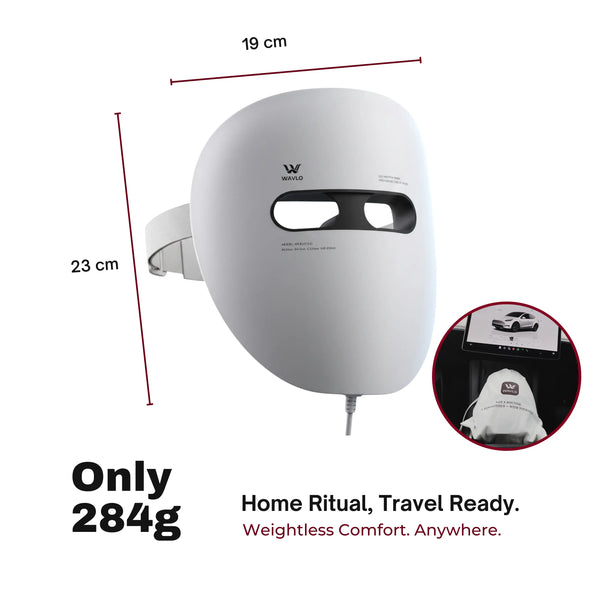WAVLO Apollo SG LED face mask packed for travel, lightweight and portable for on-the-go skincare rituals